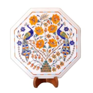 White marble side table inlay peacock